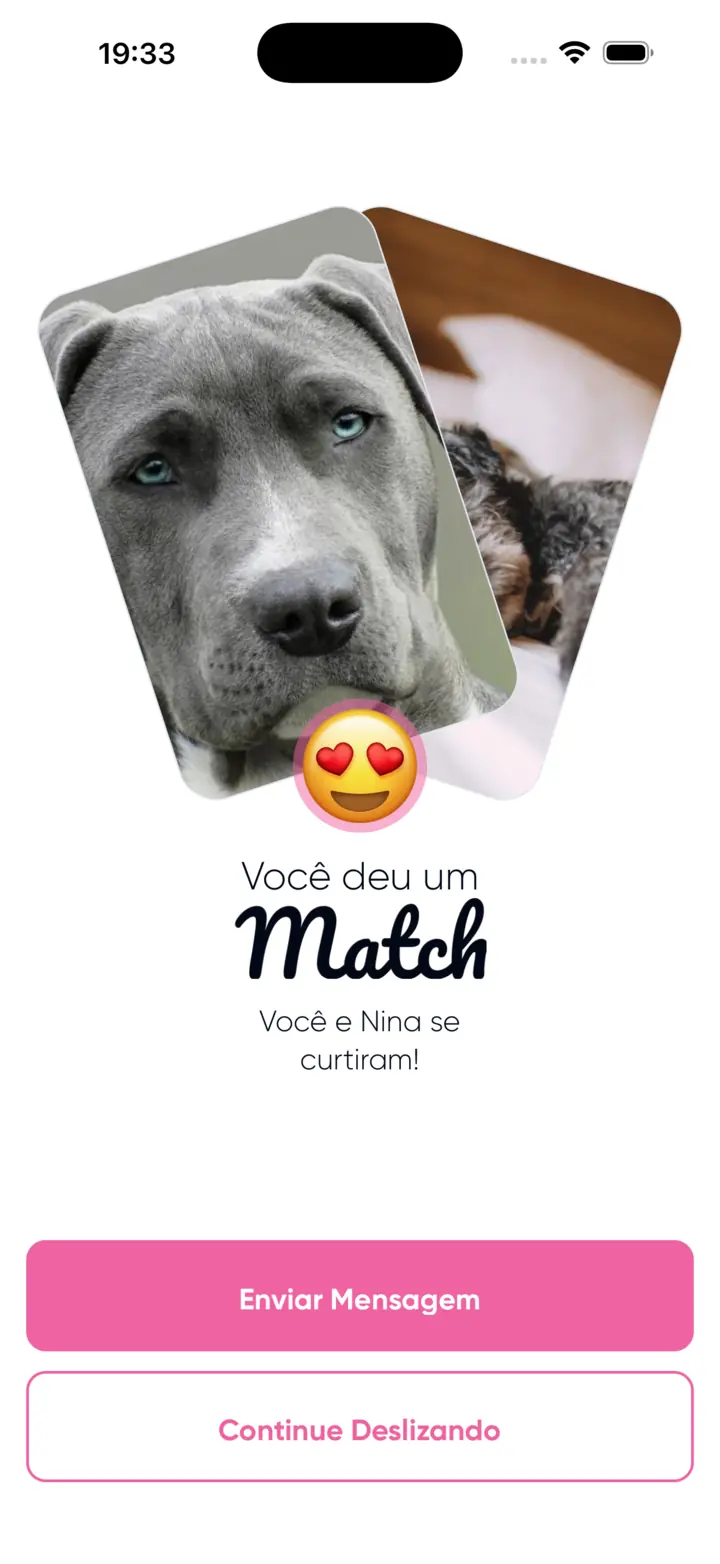 Pegada's match screen, with two dog photos overlapping under the word Match.